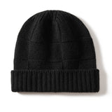Unisex Checkered Cashmere Beanie Ribbed Brim Cashmere Knit Hat Black M