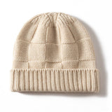 Unisex Checkered Cashmere Beanie Ribbed Brim Cashmere Knit Hat Beige M
