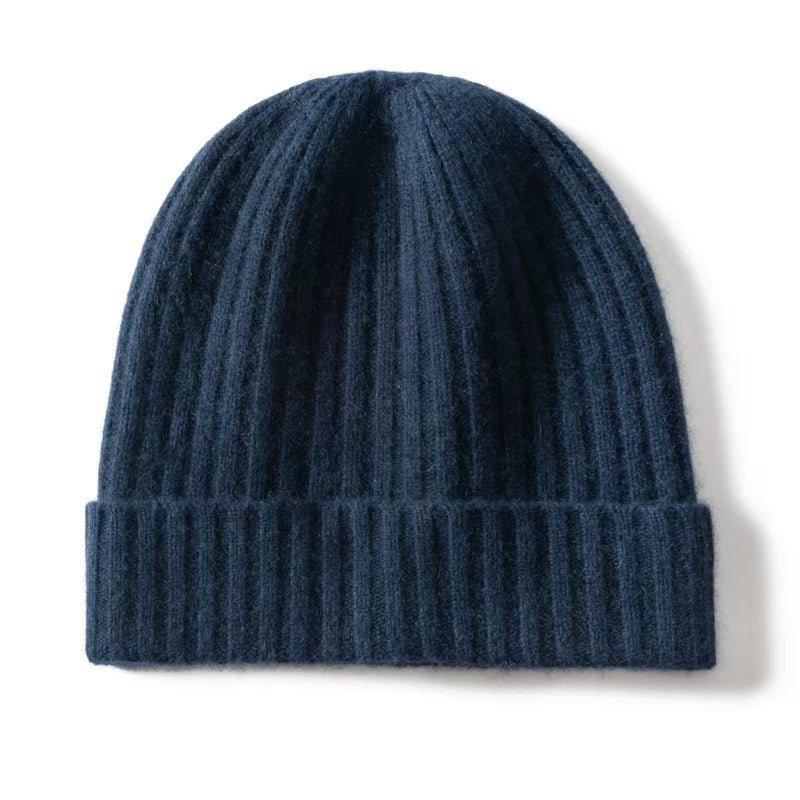 Unisex Ribbed Knit Cashmere Hats Warm Deep Cashmere Beanie Navy Blue M