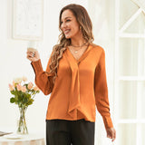 V Neck & Ribbon Silk Blouse For Women Long Sleeves Silk Shirt Orange XS