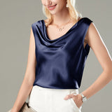 Versatile Ladies Silk Sleeveless Blouse 100 Mulberry Silk Tops Navy Blue XS
