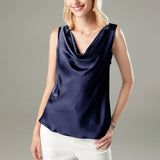 Versatile Ladies Silk Sleeveless Blouse 100 Mulberry Silk Tops Navy Blue XS