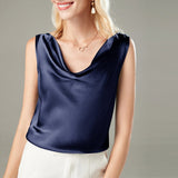 Versatile Ladies Silk Sleeveless Blouse 100 Mulberry Silk Tops Navy Blue XS