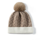 Pure Cashmere Cable Knit Beanie With Fur Pom Ribbed Cashmere Hat Taupe M