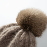 Pure Cashmere Cable Knit Beanie With Fur Pom Ribbed Cashmere Hat Taupe M
