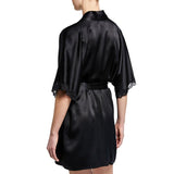 Women Black Mulberry Silk Mid - sleeve Robe With Lace Black XS