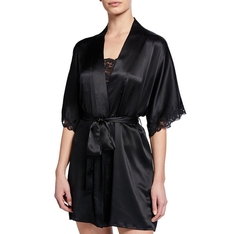 Women Black Mulberry Silk Mid - sleeve Robe With Lace Black XS