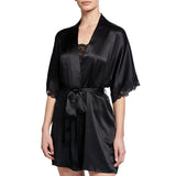 Women Black Mulberry Silk Mid - sleeve Robe With Lace Black XS