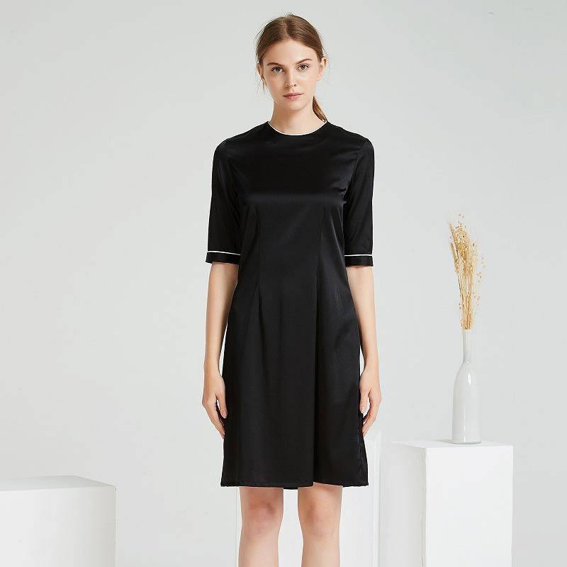 Women Black Silk Dresses Round Neck Silk Dress Black L