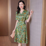 Womens Silk Floral Dress Short Sleeves Silk Wrap Dresses Green S