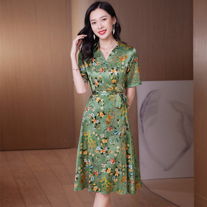 Womens Silk Floral Dress Short Sleeves Silk Wrap Dresses Green S