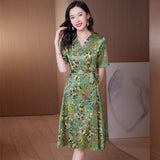 Womens Silk Floral Dress Short Sleeves Silk Wrap Dresses Green S