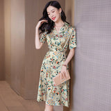Womens Silk Floral Dress Short Sleeves Silk Wrap Dresses Apricot S