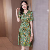 Womens Silk Floral Dress Short Sleeves Silk Wrap Dresses Green S