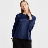 Women Long Sleeve Pullover Round Neck Silk Blouse Beige L