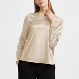 Women Long Sleeve Pullover Round Neck Silk Blouse Beige L