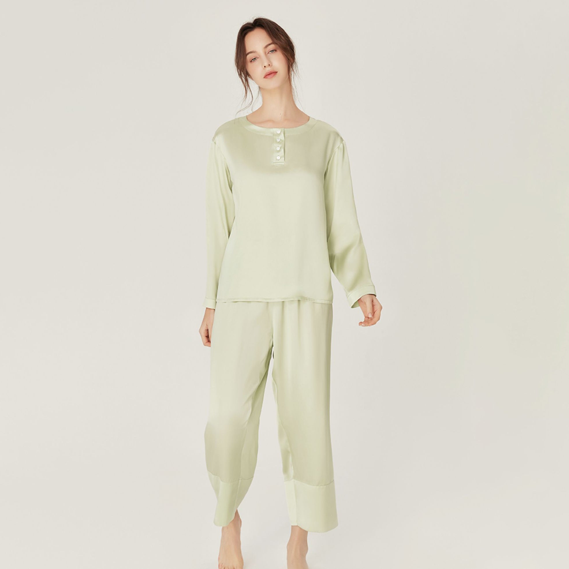 Women Loose Silk Sleepwear 100% Silk Pajama Set Light Green XS