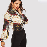 Women Print Silk Blouse Mulberry Office Work Silk Shirts White XS