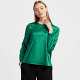 Women Pullover Long Sleeve Pure Mulberry Silk Blouse Green XS
