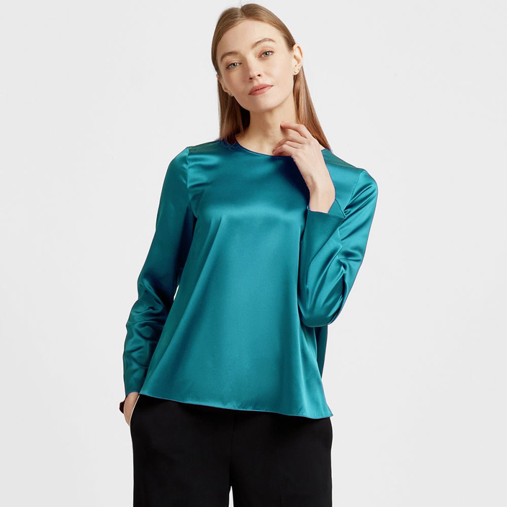 Women Pullover Long Sleeve Pure Mulberry Silk Blouse Dark Teal S