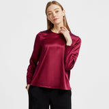Women Pullover Long Sleeve Pure Mulberry Silk Blouse Claret L