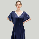 Women Pure Silk Nightdress V Neck 100% Silk Sleepwear Navy Blue XS