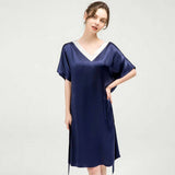 Women Pure Silk Nightdress V Neck 100% Silk Sleepwear Navy Blue XS