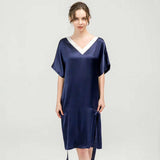 Women Pure Silk Nightdress V Neck 100% Silk Sleepwear Navy Blue XS
