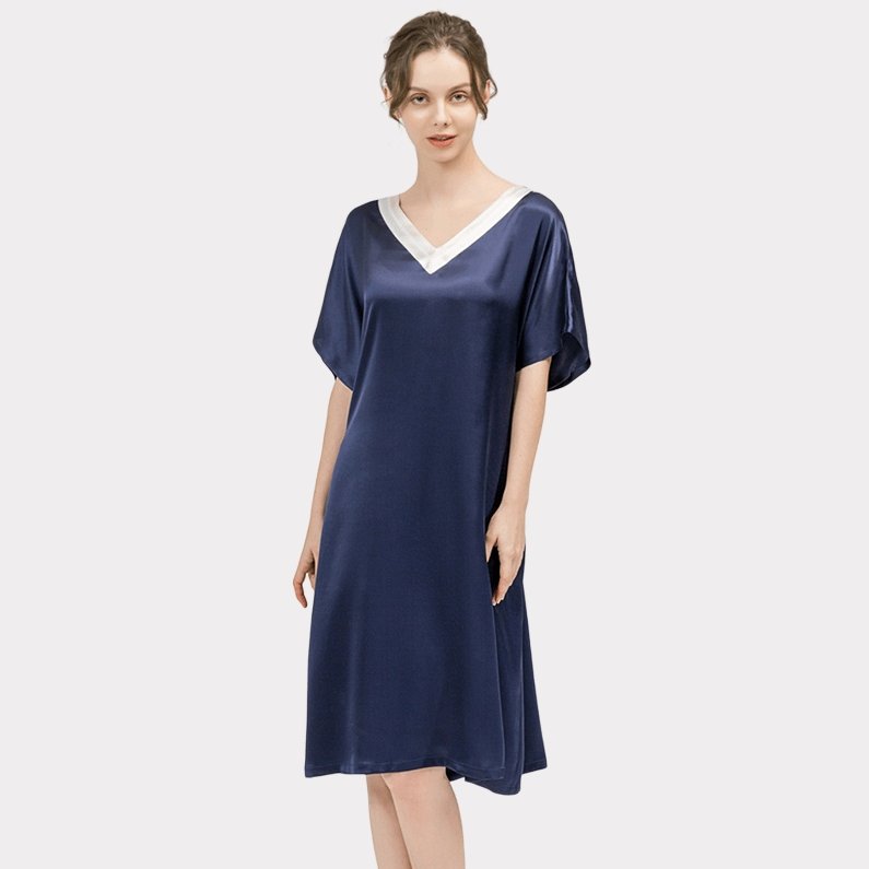 Women Pure Silk Nightdress V Neck 100% Silk Sleepwear Navy Blue XS