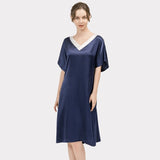 Women Pure Silk Nightdress V Neck 100% Silk Sleepwear Navy Blue XS