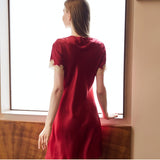 Women Silk Nightgown Lace Trim and Bow Silk Nightdress Silk Night Gown Red XS