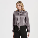 Tie Neck Silk Blouse Long Sleeve Silk Shirt Womens Silk Blouse Dark Gray XS