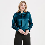 Tie Neck Silk Blouse Long Sleeve Silk Shirt Womens Silk Blouse Dark Teal XS