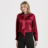Tie Neck Silk Blouse Long Sleeve Silk Shirt Womens Silk Blouse Claret XS