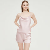 Womens Silk Pyjamas Shorts Set Cowl Neck Silk Camisole Silk Pajama Shorts Pink XS