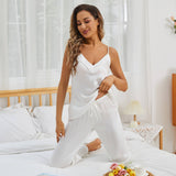 Women Silk Camisole Pajama Set V - neck Sleeveless Silk Cami White XS