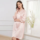 Womens Bow Tie Neck Silk Nightgown 3/4 Sleeves Silk Nighties Rosy Pink XS