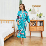 Women Silk Kimono Hand Painted Peacock & Flowers Nightwear Green One size fits most