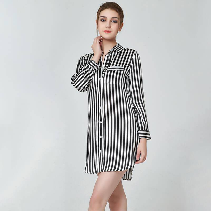 Women Stripe Silk Sleep Shirt 100% Striped Silk Nightshirt XS Black