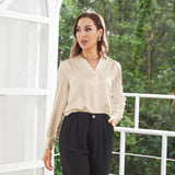 Women V Neck Silk Blouse Long Sleeves Office Work Silk Shirts Champagne XS