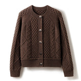 Womens Chunky Cable Knit Cashmere Cardigan With Oversized Buttons Chocolate One size fits most