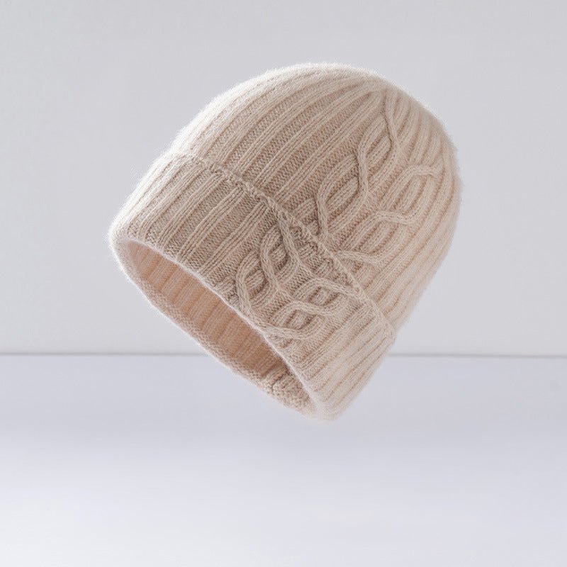Womens 100% Cashmere Beanie Cable Knit Cashmere Hat Ribbed Fold Brim Beige M