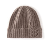 Womens 100% Cashmere Beanie Cable Knit Cashmere Hat Ribbed Fold Brim Taupe M