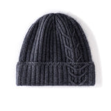 Womens 100% Cashmere Beanie Cable Knit Cashmere Hat Ribbed Fold Brim Grey M