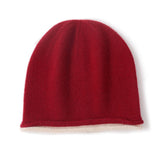 Womens Reversible Double - Layer Cashmere Beanie Knitted Cashmere Hats Red M