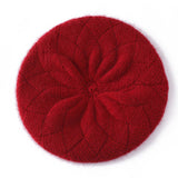 Womens 100% Cashmere Beret Cashmere Painter Hat Layered Petal Textured Knit Claret M