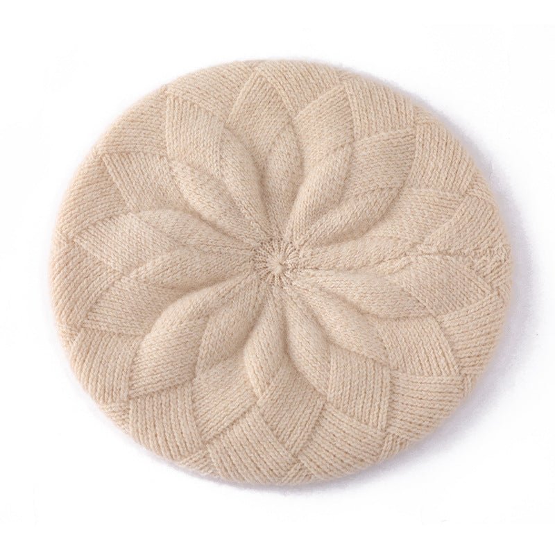 Womens 100% Cashmere Beret Cashmere Painter Hat Layered Petal Textured Knit Beige M