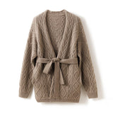 Womens 100% Cashmere Cardigan With Sash Cable - Knit Coat Taupe One size fits most