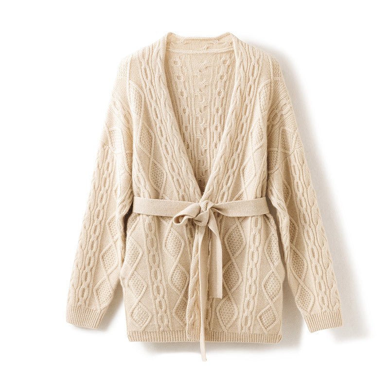 Womens 100% Cashmere Cardigan With Sash Cable - Knit Coat Beige One size fits most