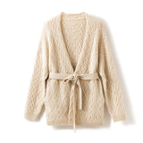 Womens 100% Cashmere Cardigan With Sash Cable - Knit Coat Beige One size fits most
